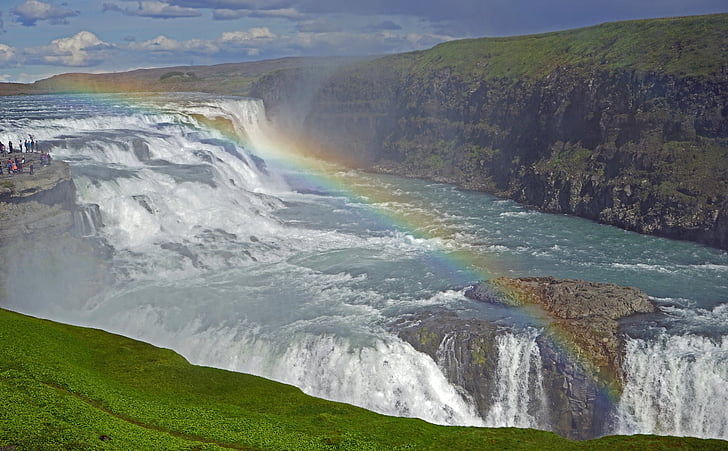 Gullfoss, Islandia, Wodospad, wody, stopniowo, krajobraz, Natura