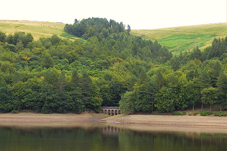 Peak-district, reservoir, ladybower stuwmeer, brug, boog, bomen, rust