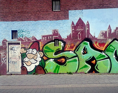 graffiti, dode muur, muur, muurschildering, achtergrond, gnome, stad