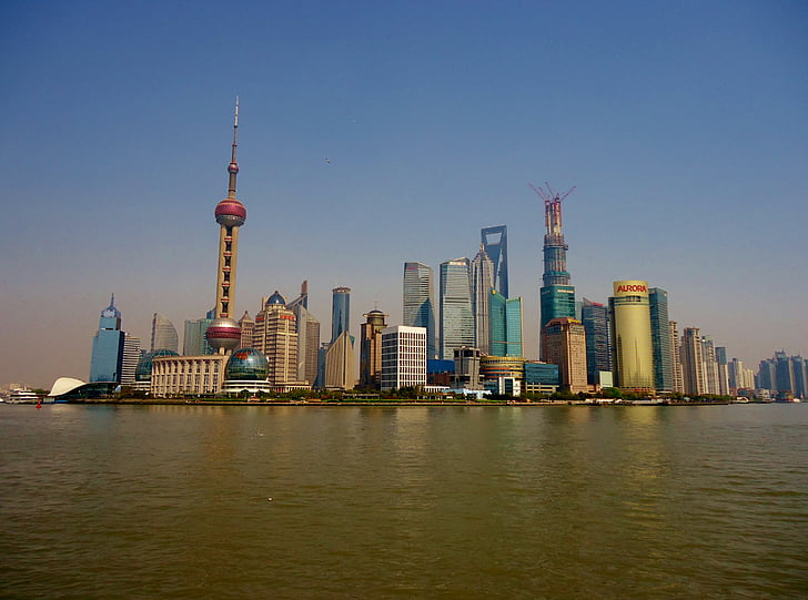 Шанхай, Китай, река, небостъргач, сграда, перла телевизия, кула