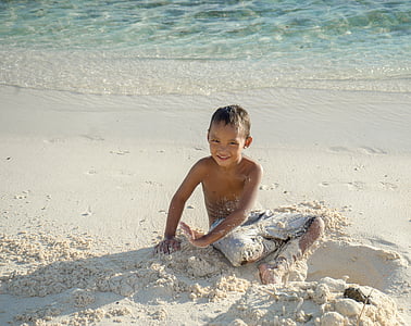 Bora bora, zēns, spēlē, bērnu, laimīgs, okeāns, jūra