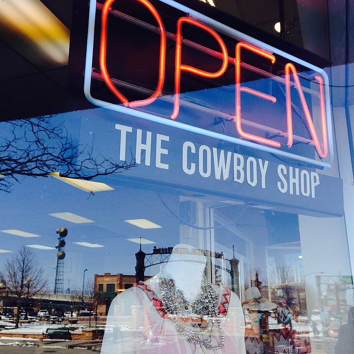 Cowboy store, Cheyenne, WY, Neon, öppna, neonskylt
