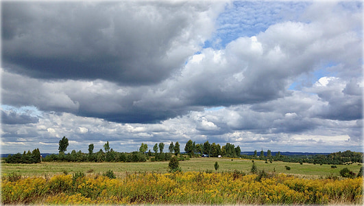 Olkusz, Poljska, krajine, travnik, oblaki, nebo, jeseni