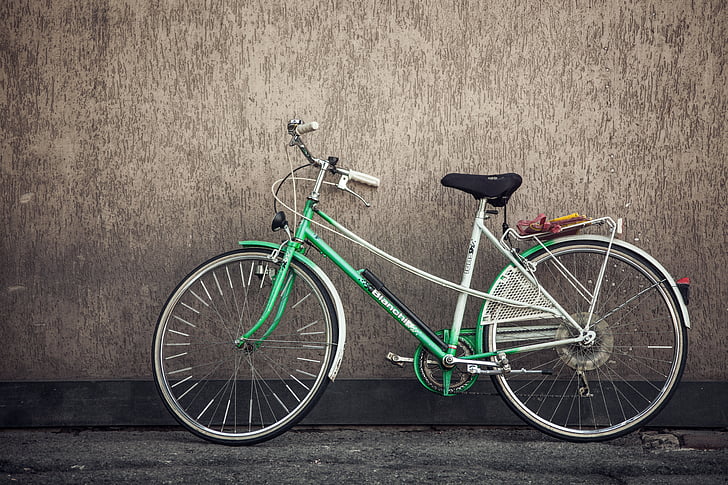 bicycle, bike, green, sports, wall, wheels, retro