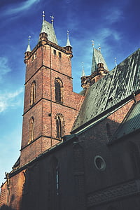 brown, black, brick, wall, cathedral, blue, sky