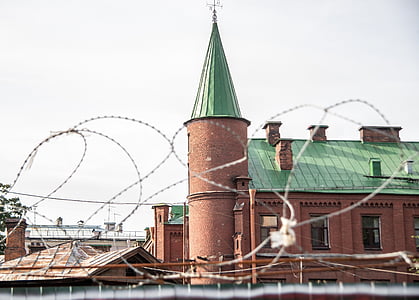 barbed wire, tower, brick, architecture, blue sky, red brick, castle