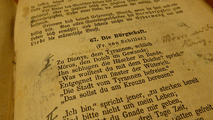 livre, poème, vieux livre, Friedrich schiller, Notes, manuel scolaire, lire