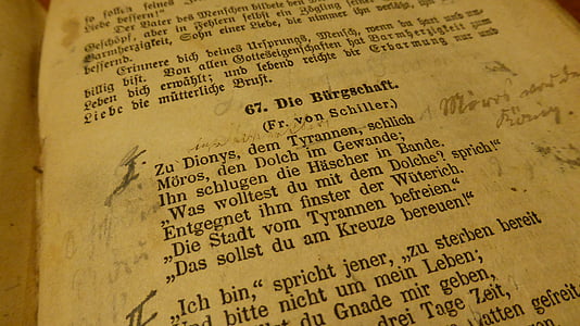 livro, poema, livro antigo, Friedrich schiller, notas, livro didático, ler