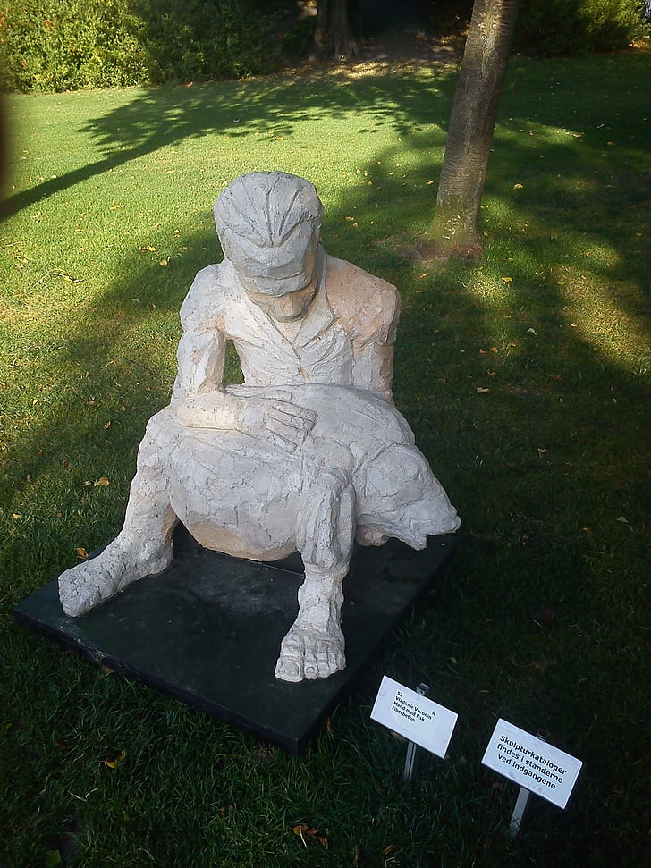 park, man, fish, sculpture, statue, art