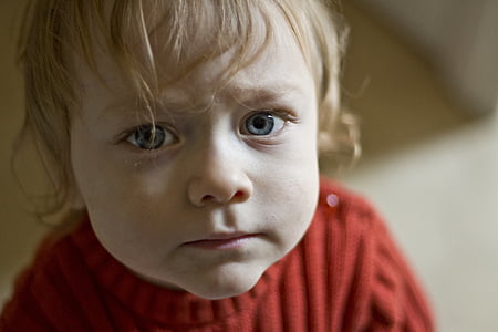 dziecko, Blondynka, niebieskie oczy, dziecko, smutny, twarz, portret