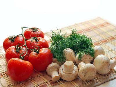 houby, rajčata, zelení, výživa, chutné, večeře, pro gurmány