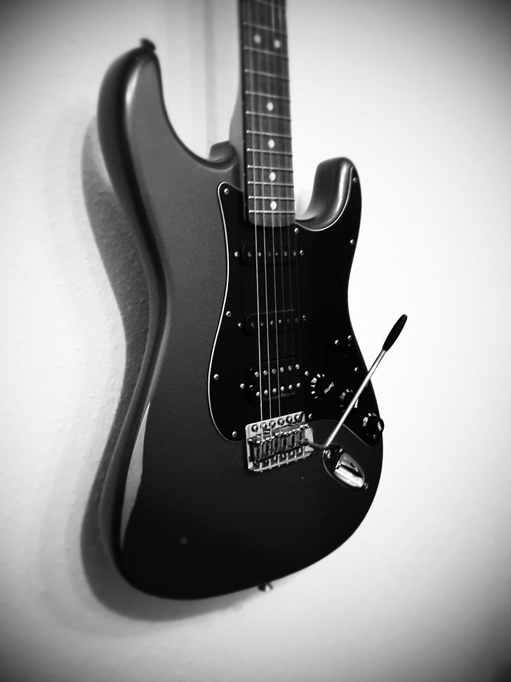 gitara, elektrická gitara, čierna biela, Stratocaster