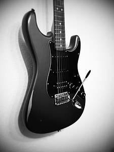 gitar, gitar listrik, hitam putih, Stratocaster