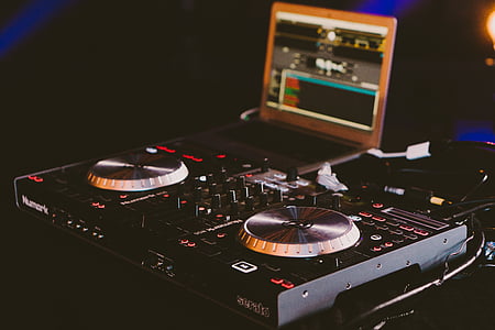Audio, disc jockey, DJ pladespiller, laptop, moderne, musik, lyd mixer