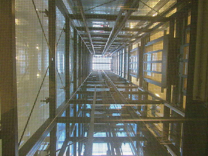 Výtah, hřídel, Výtah, ocelové nosníky, světlo, Perspektiva, uvnitř
