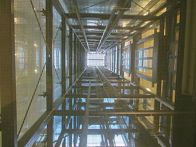 elevator, shaft, lift, steel beams, light, perspective, indoors