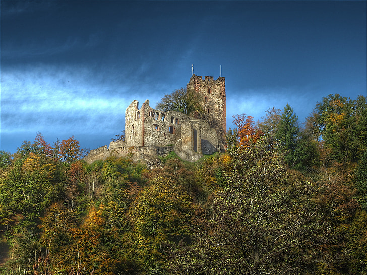 castellated pils, Waldkirch, rudens, pils, burgruine, tornis, debesis