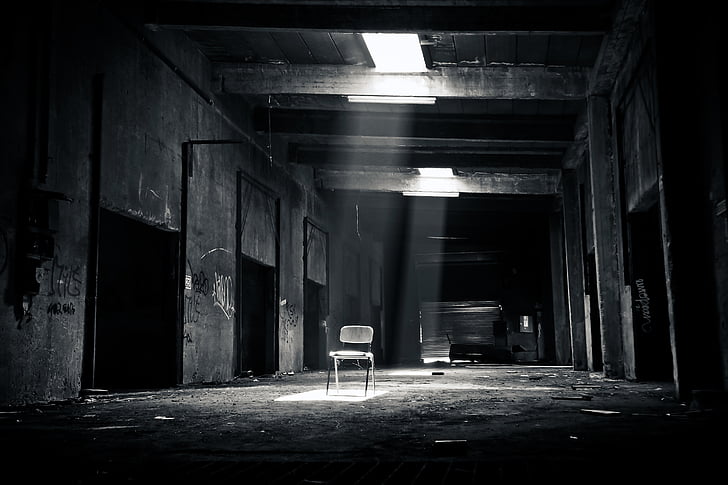 abandonat, alb-negru, clădire, scaun, întuneric, devastata, straniu