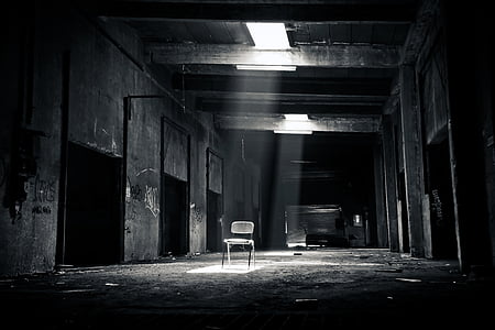 εγκαταλειφθεί, μαύρο και άσπρο, κτίριο, καρέκλα, σκούρο, ερειπωμένο, μυστηριώδης