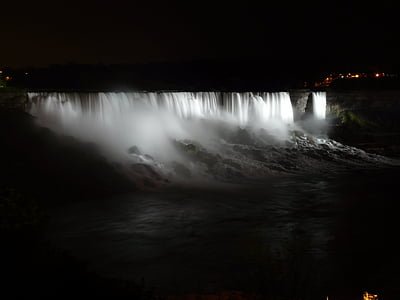 ciudad, agua, cascada, saltos de agua, Por la noche, Río, reflexión