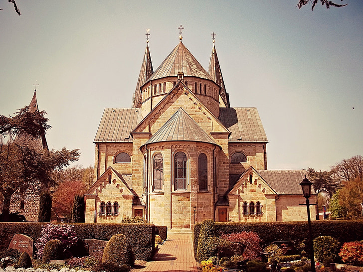 Iglesia, Langförden, Baja Sajonia, Alemania, Cementerio, piedras graves, arquitectura