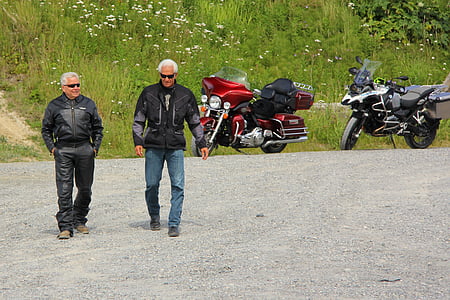 baby boomer motorfiets, Harley davidson, renners, oude, mannen, fietsers, buiten