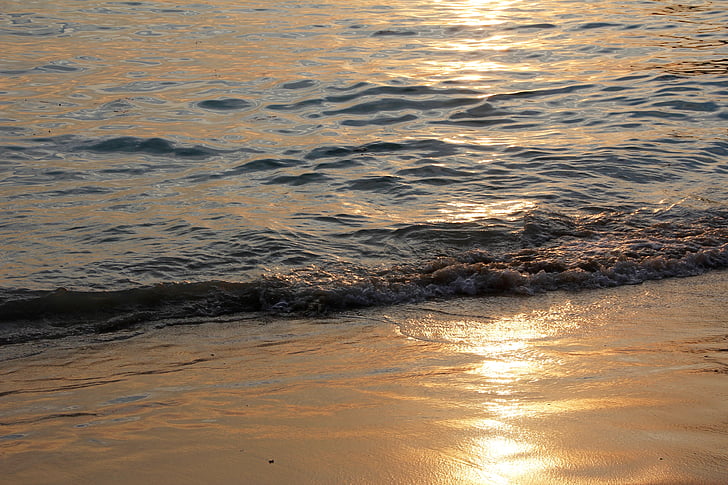 Pantai, gelombang, air, matahari terbenam, Pantai, laut, musim panas