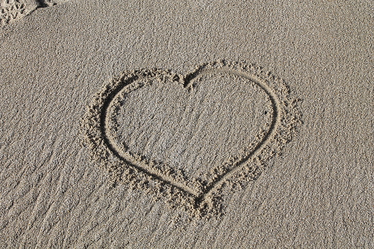 širdies, smėlio, pėdsakas, paplūdimys, meilė, vasaros, širdies formos
