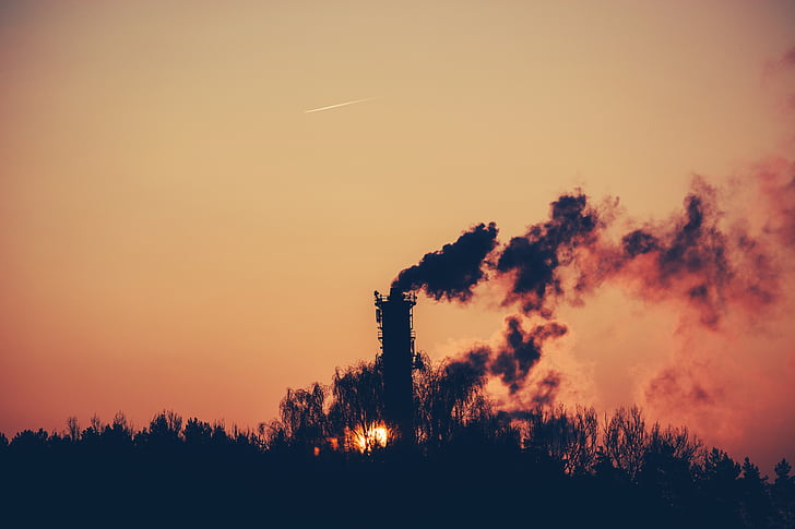 silhouette, smoke, factory, dawn, surnrise, shadows, chimney