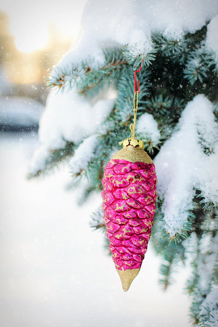 christmas ornament, pine cone ornament, snowy tree, pine, spruce, christmas, decoration