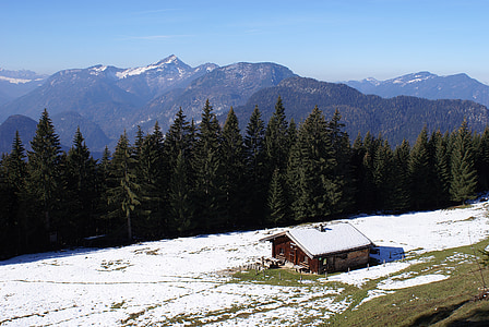 mountain hut, predigtstuhl, alpine, snow, mountains, forest