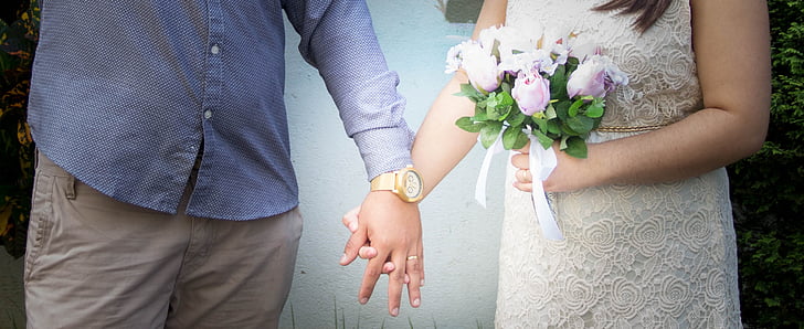 marriage, grooms, bouquet, hand in hand, dress, casal, bride