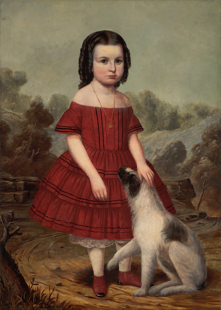 John hegler, jeune fille, enfant, femelle, chien, à l’extérieur, art
