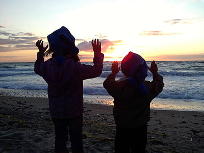 Sea, Sunset, lapset, siluetti, kädet ylös, Sun