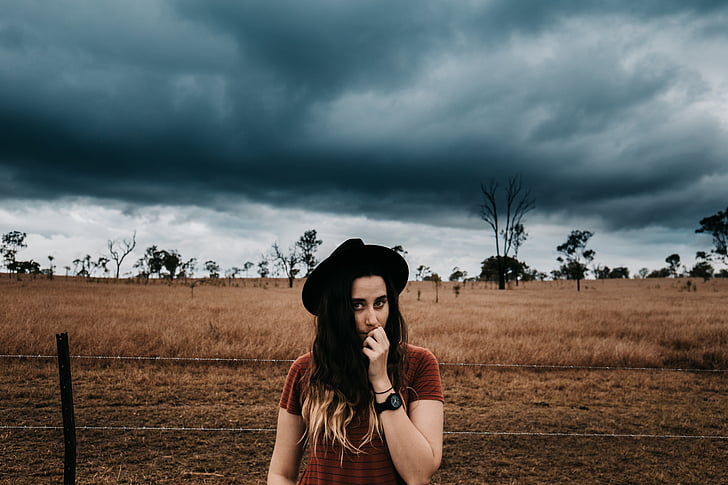 storm clouds, countryside, girl face, landscape, dramatic, wheat, scene