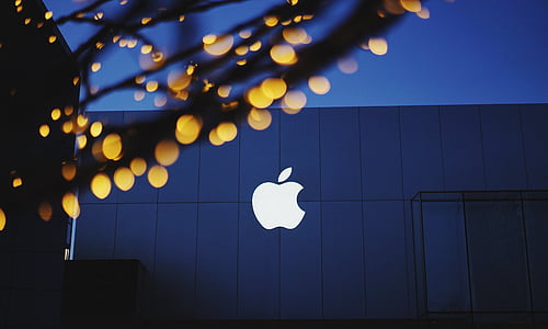 Apple, bokeh, clădire, lumini, logo-ul, iluminate, noapte