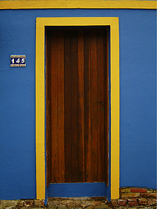 dveře, modrá, žlutá, Architektura