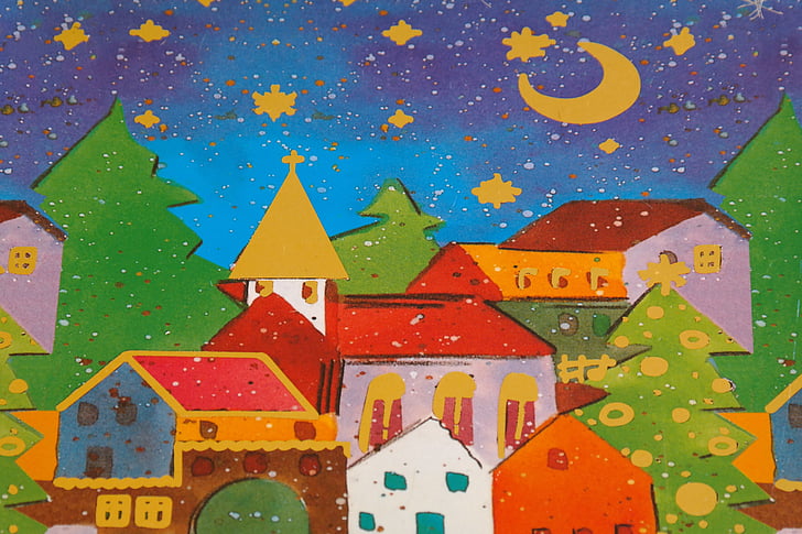 lid, christmas motif, homes, sky, moon, star, colorful