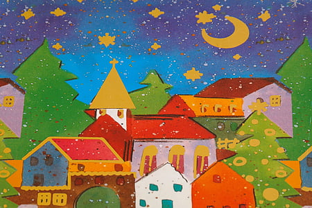 Tutup, motif Natal, rumah, langit, bulan, bintang, warna-warni