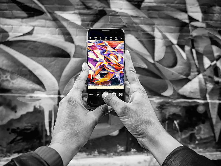 phone, smartphone, street art, black and white, color pop, street, backdrop