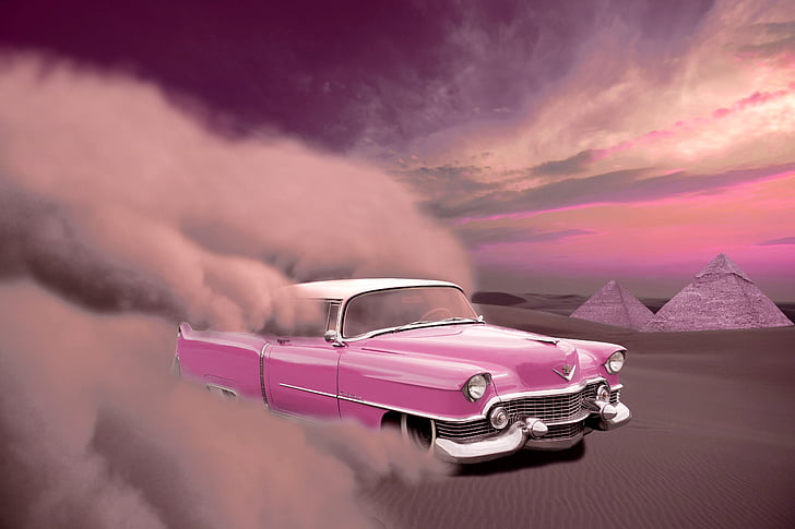voiture, Cadillac, désert, sable, tempête de sable, pyramides, 50-haut-parleur