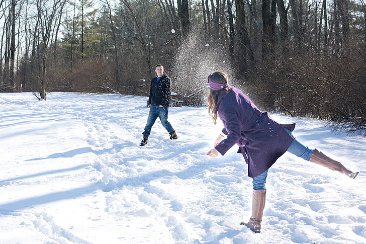 snowball fight, snow, winter, young, playing, outdoors, couple