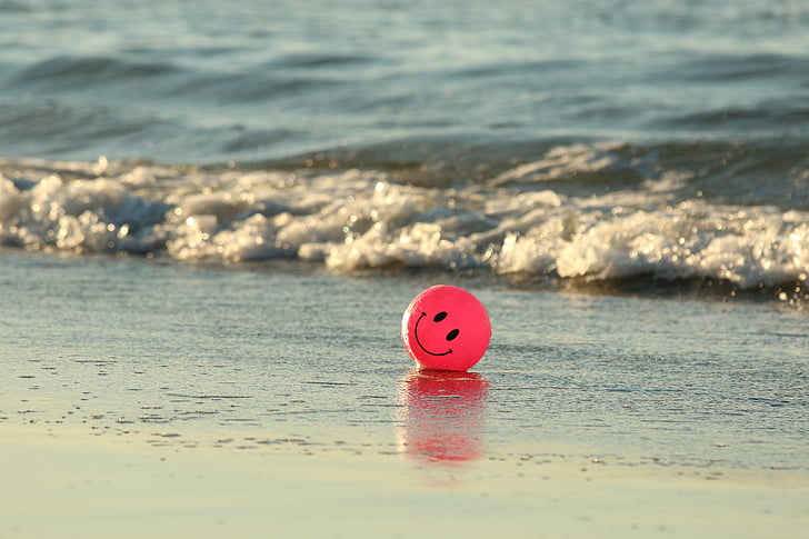 ボール, ビーチ, 幸せです, 海, ピンク, 笑顔, スマイリー