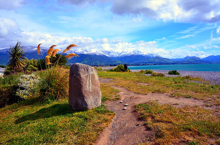new zealand, landscape, mountains, view, nature, blue, meadow