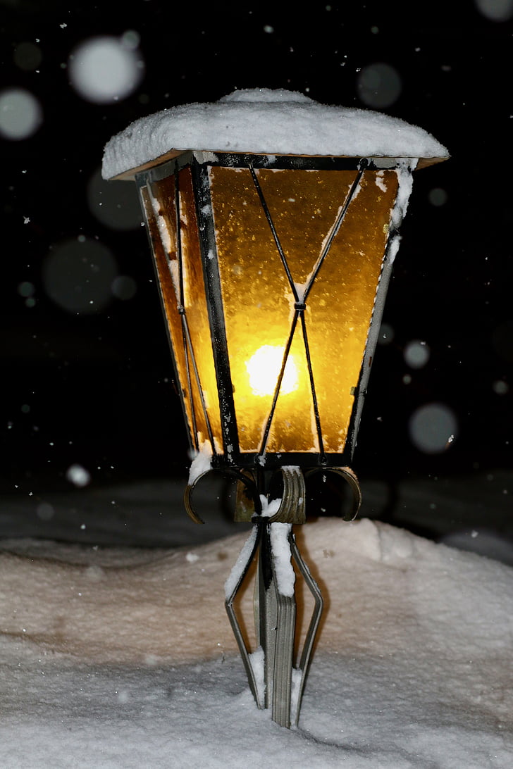 Lanterna, luce, nevicata, neve, inverno, scuro, freddo - temperatura