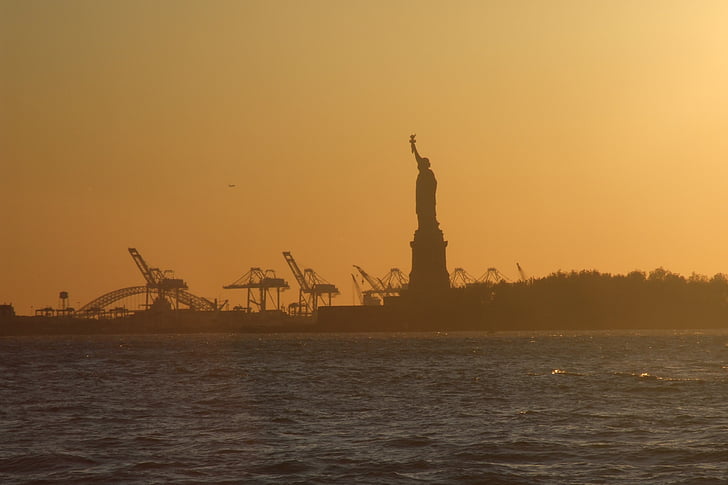 NewYork, statue, City, Amerika, af solnedgange, Sunset
