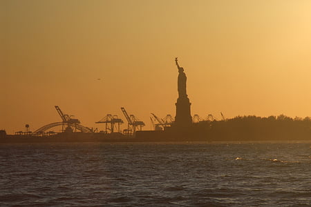 newyork, รูปปั้น, เมือง, อเมริกา, โดยพระอาทิตย์, พระอาทิตย์ตก