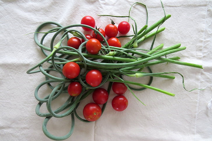 cherry tomato, scapes, vegetables, red, green