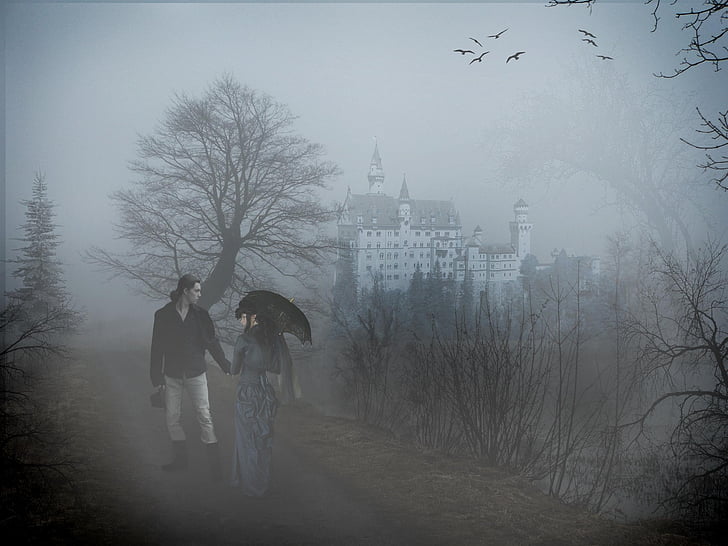 photo manipulation, photo montage, fog, castle, man, woman, love