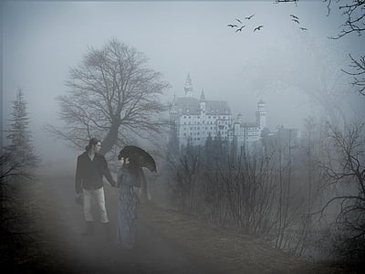 fotó manipuláció, fotómontázs, köd, Castle, ember, nő, szerelem